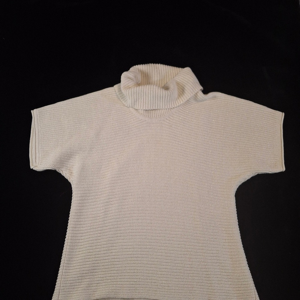 Coldwater Creek Women XL Sweater Cream Metallic Shaker Knit Short Sleeve Turtle
